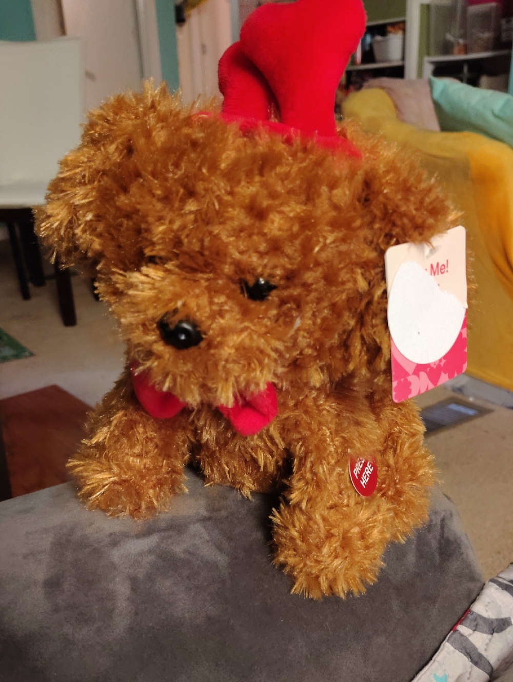 Plush Brown Dog Toy with Red Bow - Brand: